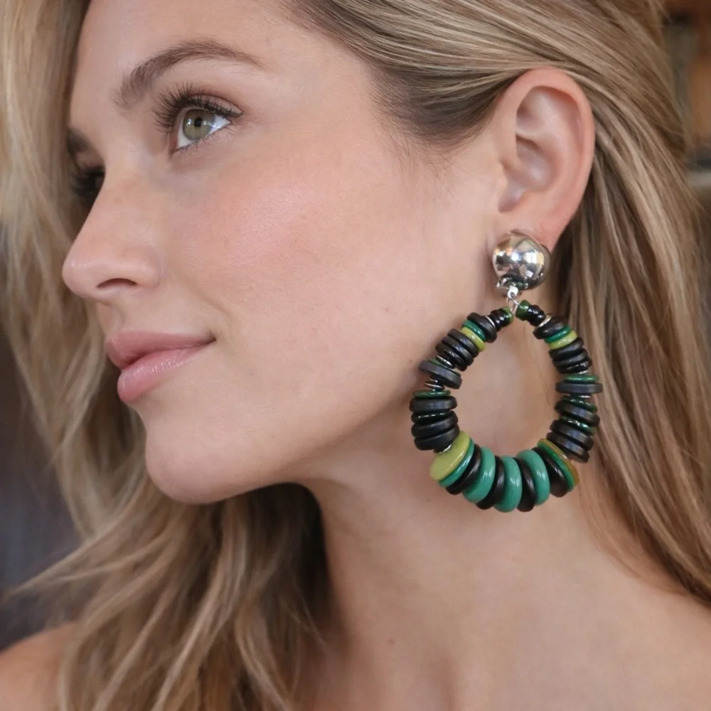 Vintage Boho Disc‎ Bead Clip-On Earrings Green Black Yellow Statement